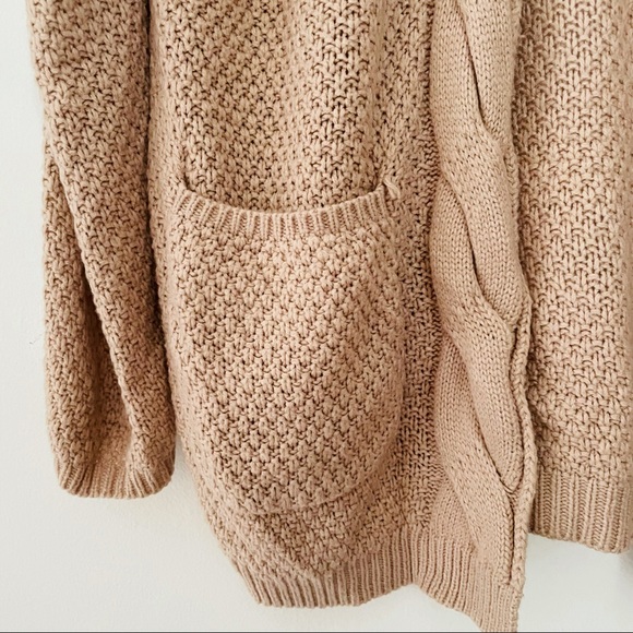 Neutral Mauve Tan Knit Open Cardigan Sweater with Deep Front Pockets - Picture 9 of 13